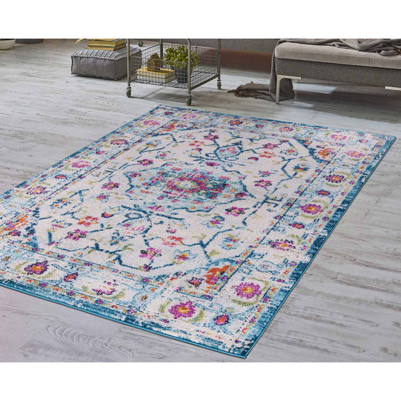World Menagerie Doran Power Loom Performance Ivory/Blue/Brown Rug Wayfair